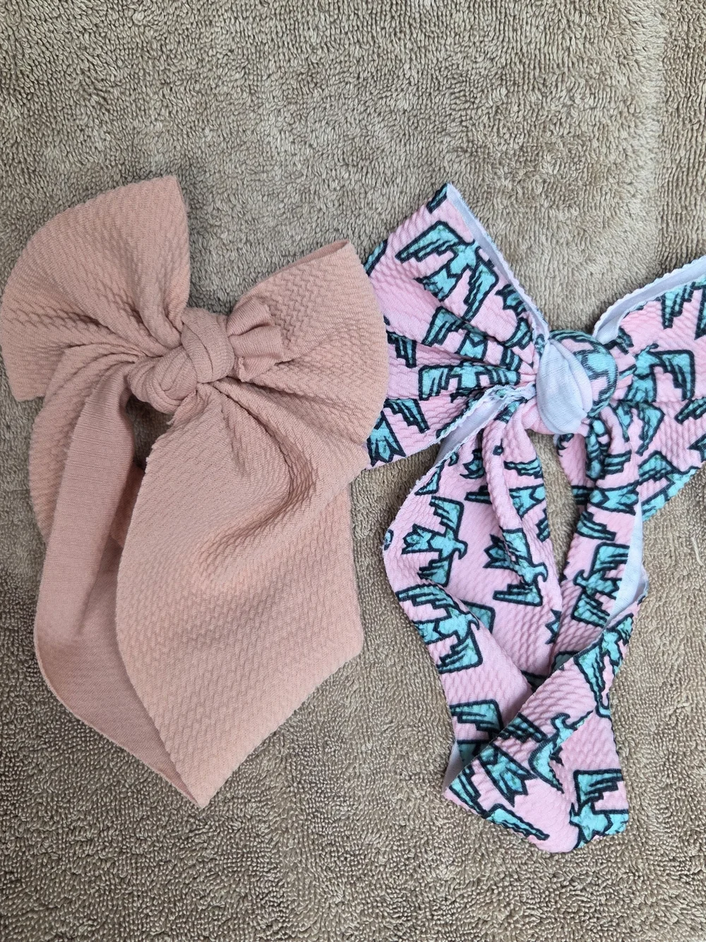 Two Fabric Toddler Baby Bow Hair Bands, Pink Blue Thunderbird And Peach